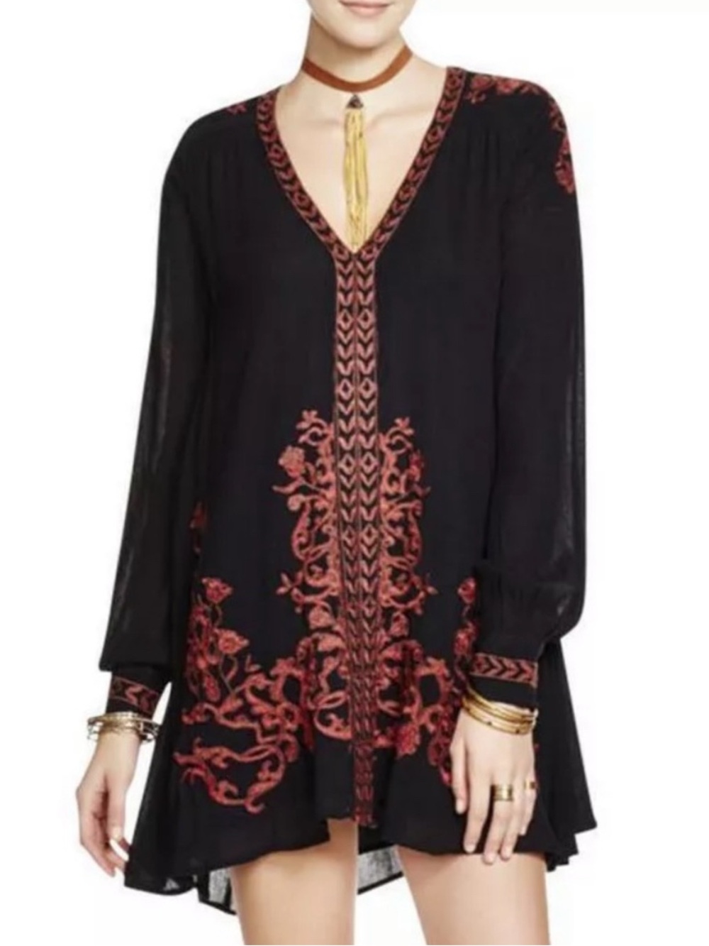 Free People Black Tunic with Red/Rust Brown Embroidery